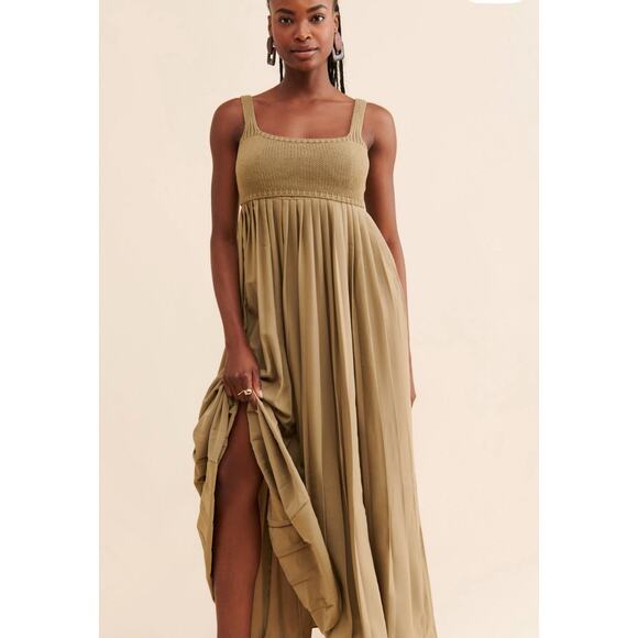 Anthropologie x Mare Mare Pleated Tan Sleeveless Twirly Maxi Dress Small - Picture 1 of 15